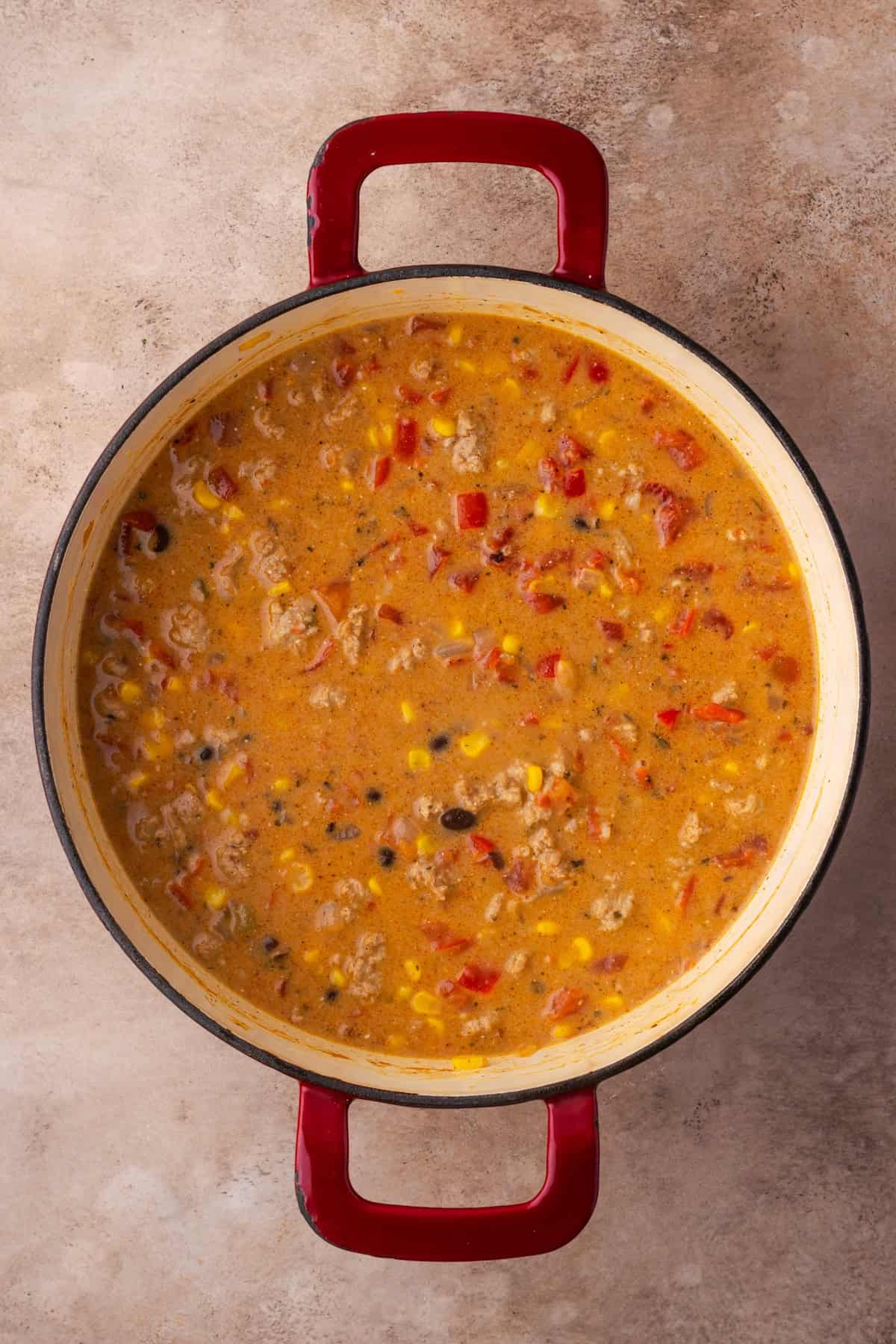 Creamy taco soup in a large pot.