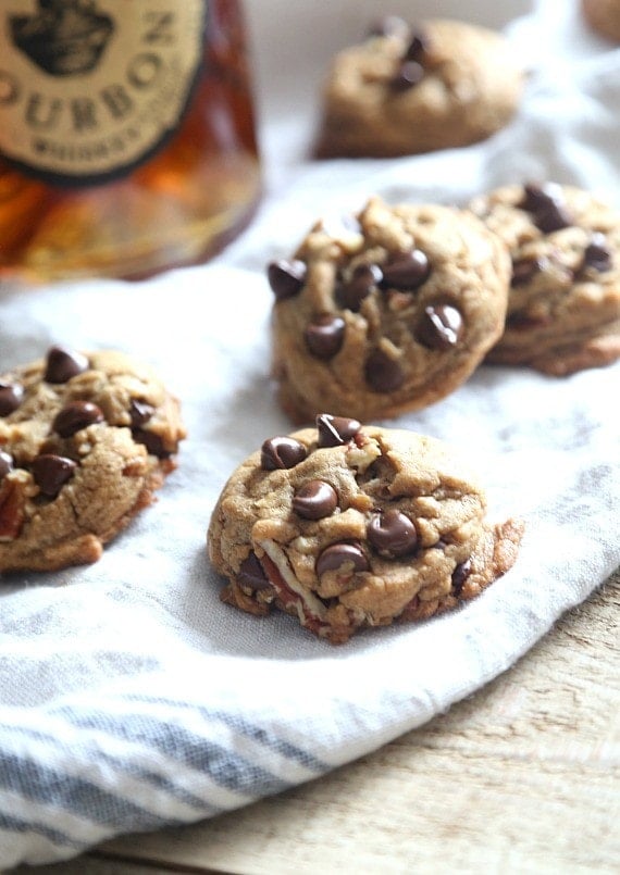 Derby Pie Cookies! These cookies are browned butter, bourbon, pecan chocolate chip cookies loaded with rich brown sugar! They're soft on the inside and crispy on the outside!