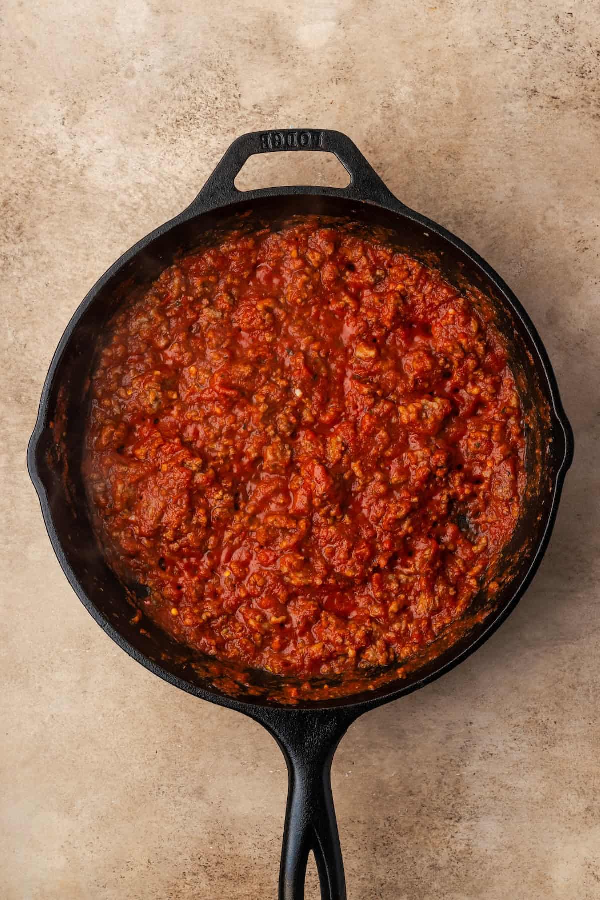 Meat sauce in a skillet.