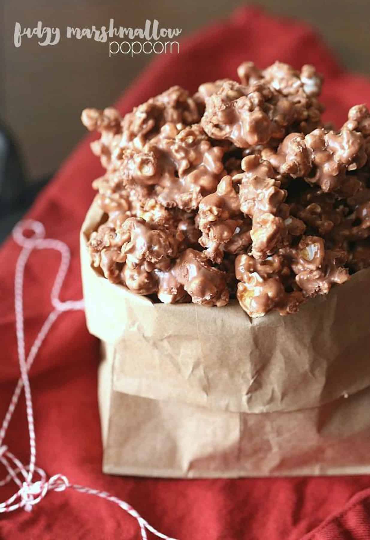 Fudgy marshmallow popcorn served in a cup