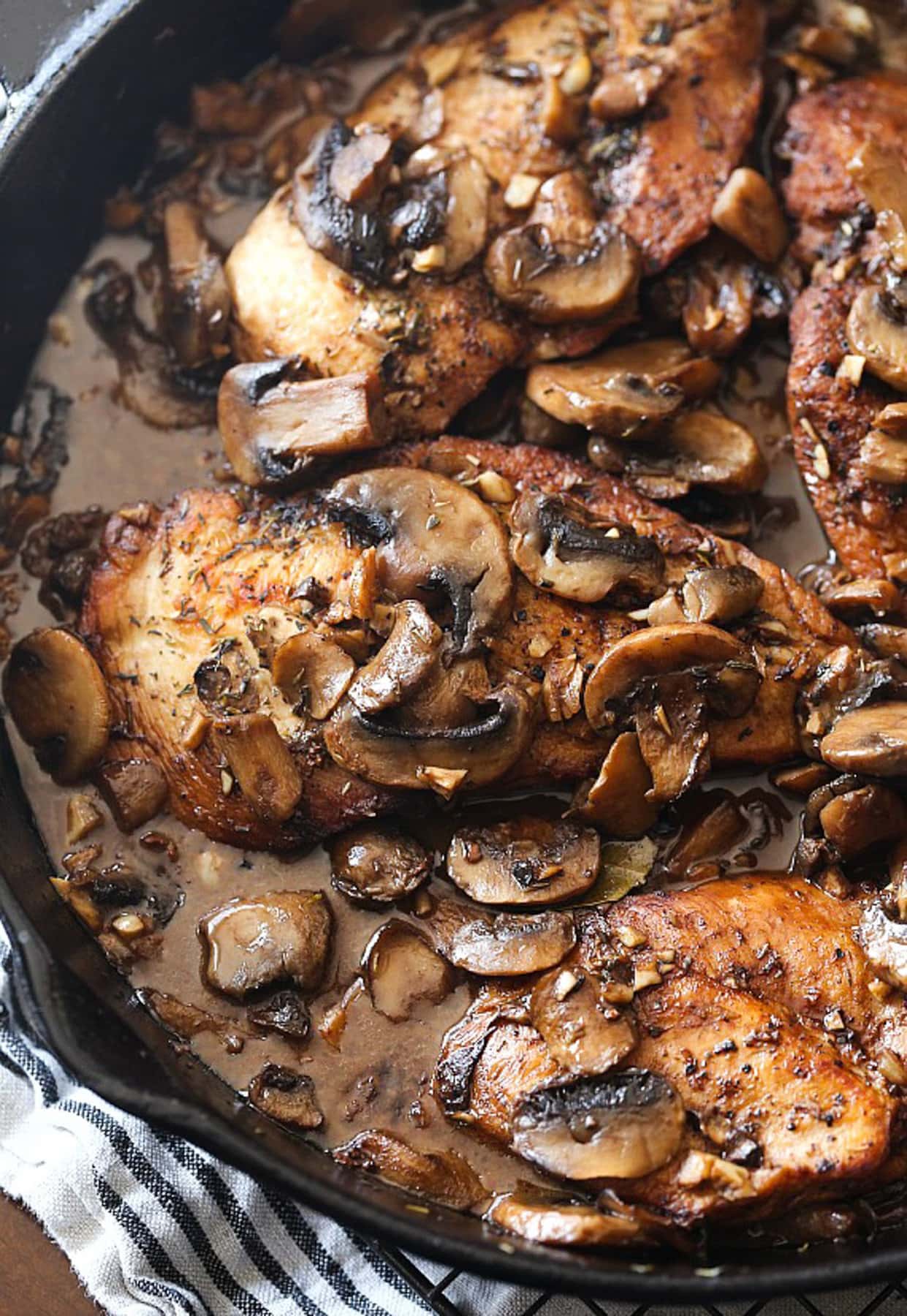 Balsamic chicken topped with mushrooms in a pan