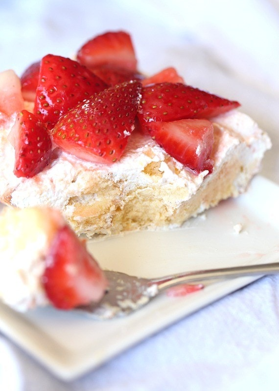 Company Strawberry Shortcake..this is a vintage recipe of my moms, and it's perfect for a crowd!! SO creamy and light and topped with sweet strawberries!