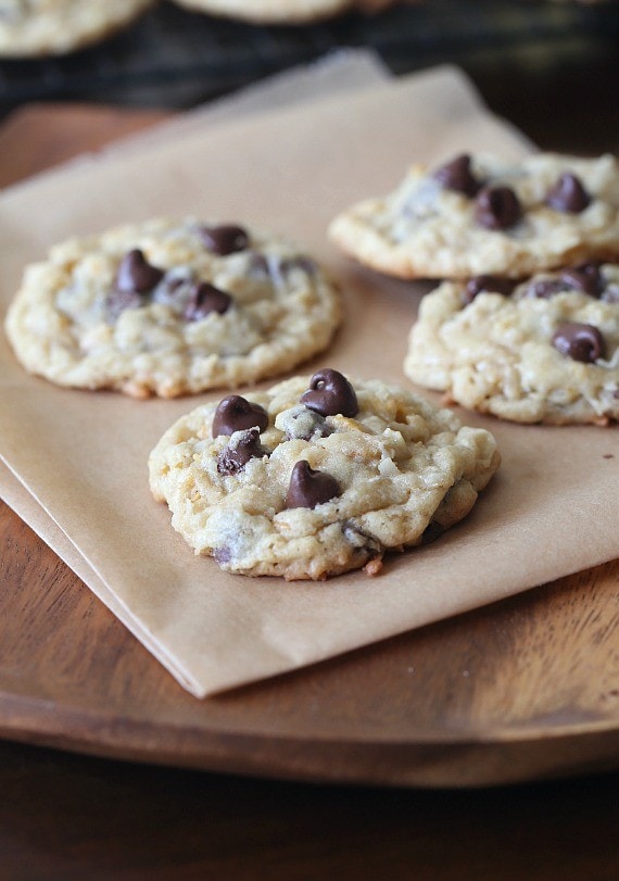 These Dishpan Cookies have a perfectly soft and chewy center with slightly crispy edges. They're loaded with oats, cornflakes, coconut and chocolate chips for an amazing texture and flavor!