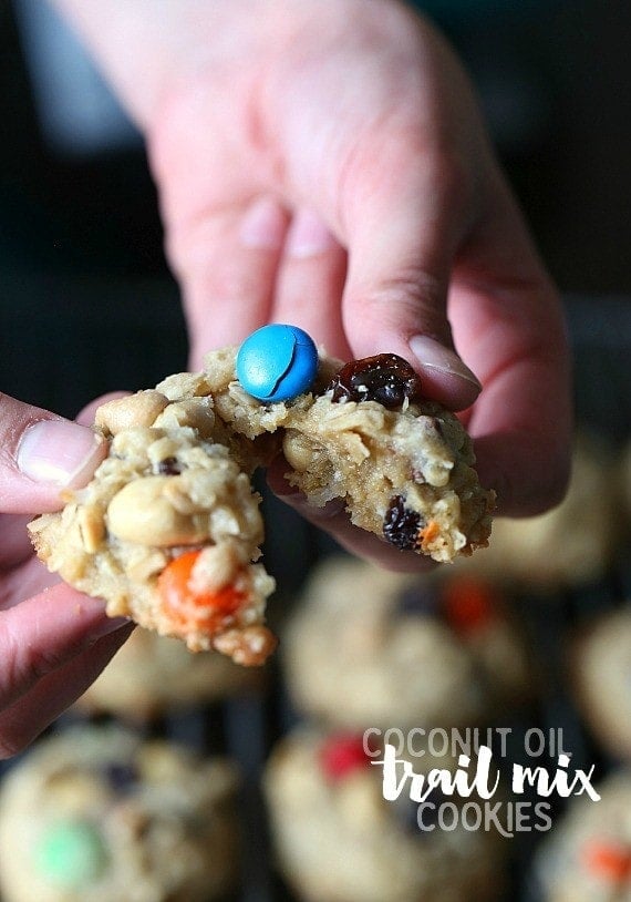 Coconut Oil Trail Mix Cookies...a thick delicious cookie that is crispy on the outside and soft on the inside packed with your favorite Trail Mix!