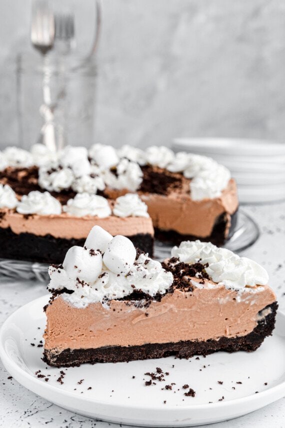 A slice of marshmallow chocolate pie.