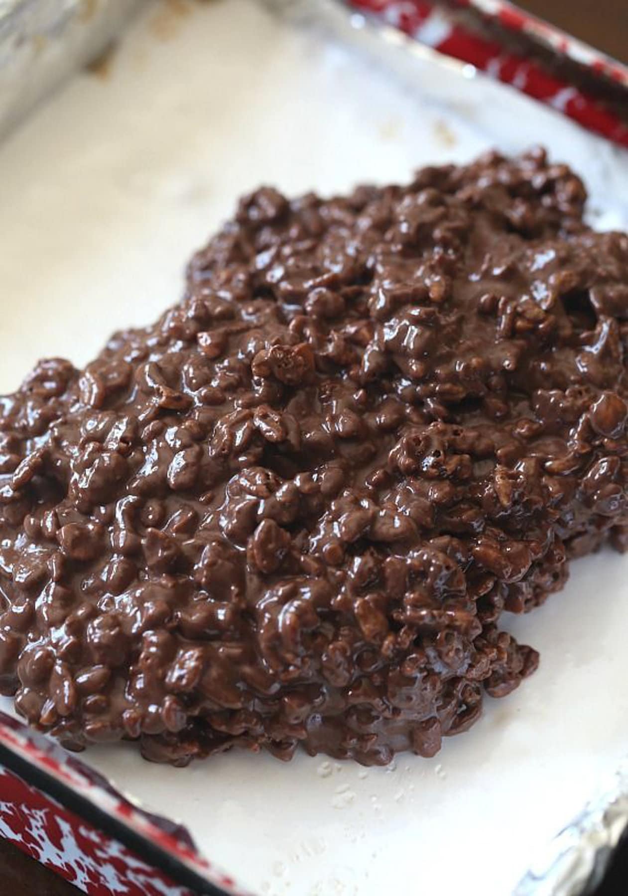 Krispie Treats covered with chocolate sauce