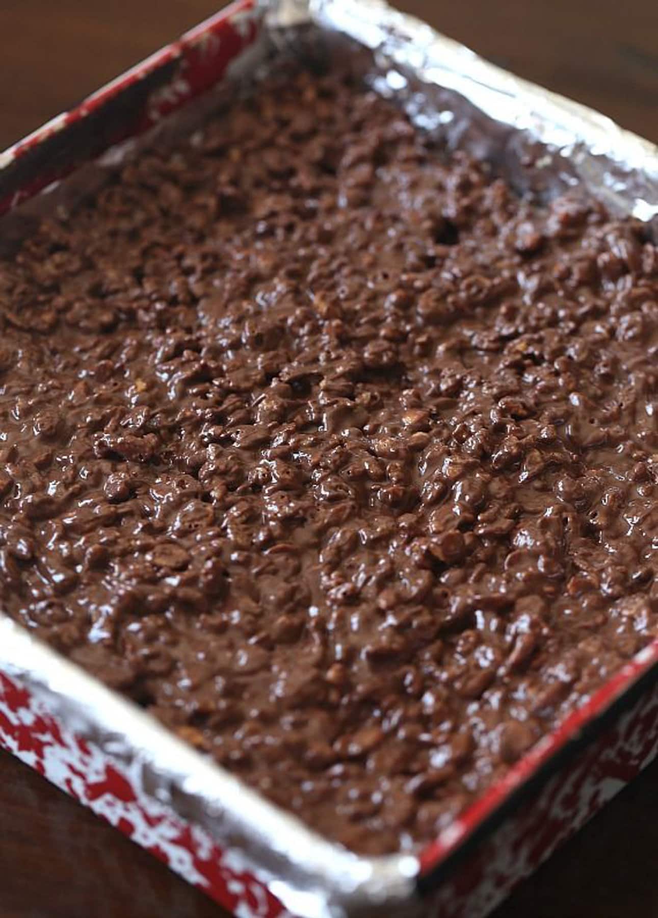 Rice krispie treats pressed into a pan