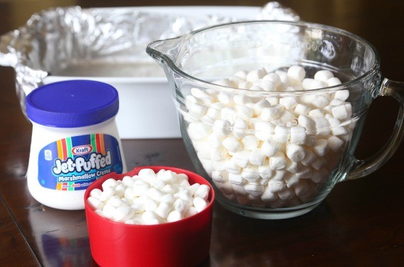 Fluff and mini marshmallows for krispie treats