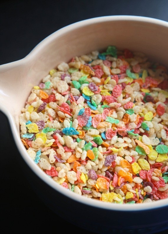 Fruity pebbles in a bowl for Marshmallow Fluff Krispie Treats 