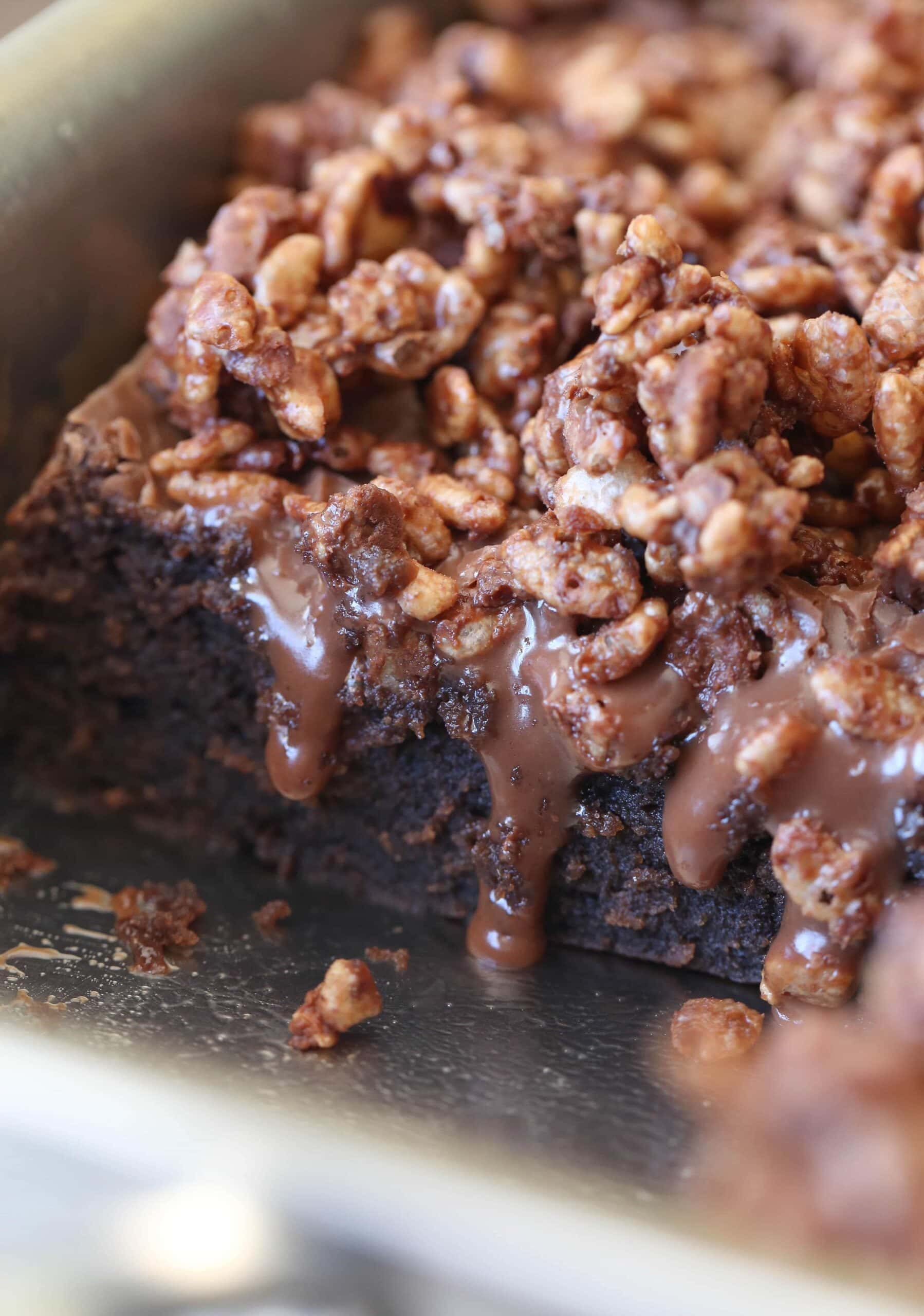 Nutella crunch cake with Nutella topping dripping from under the crunch layer.