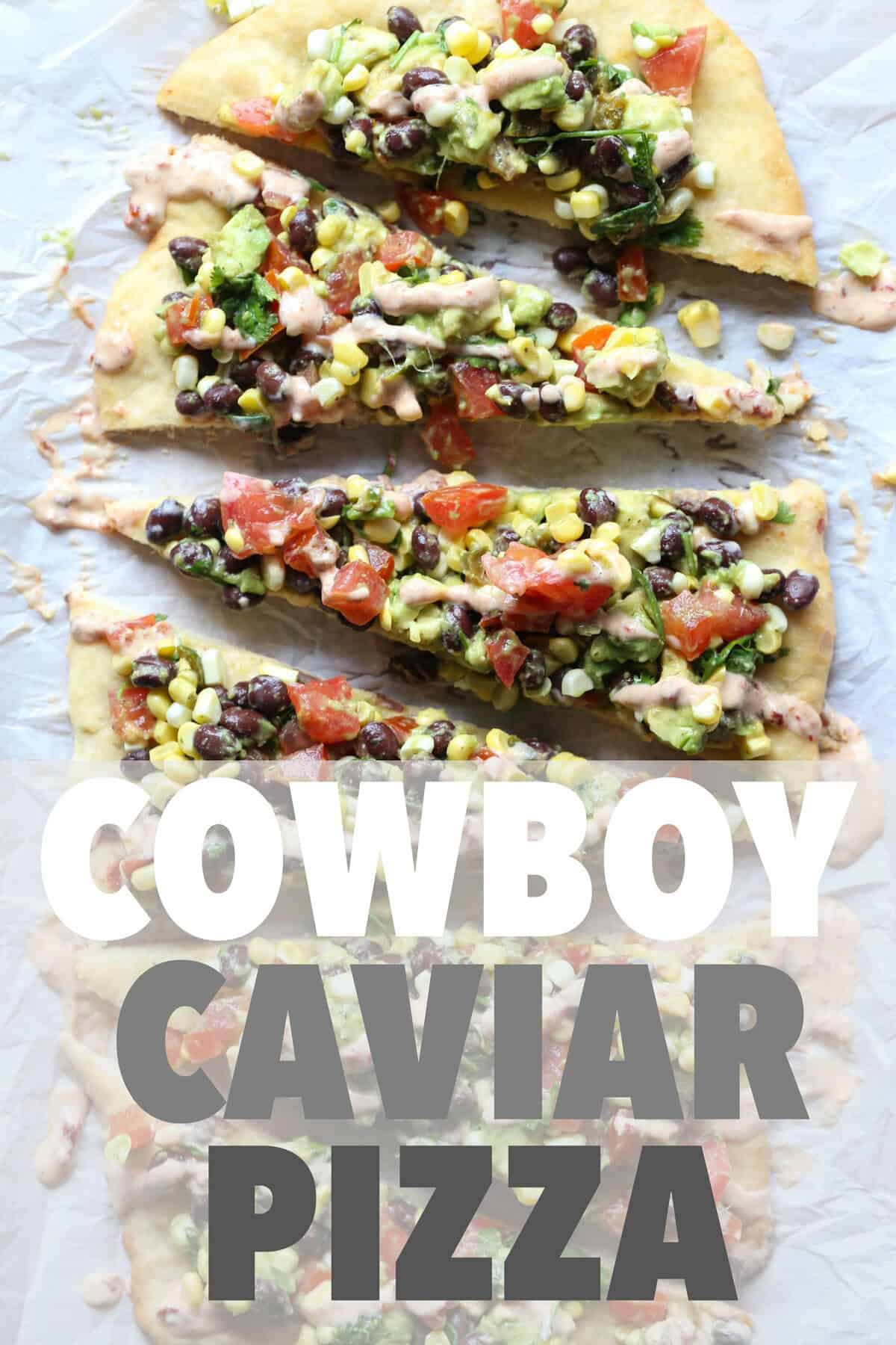 Overhead view of Cowboy Caviar Pizza slices lined up on parchment paper