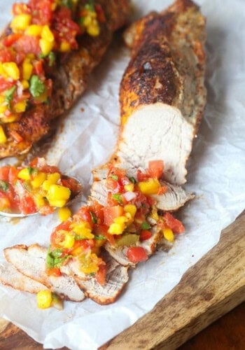 Fruit salsa served on tope of chicken