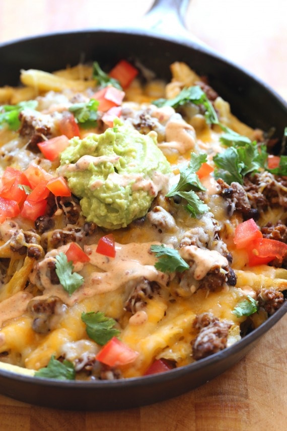 These fun Skillet "Frachos" are Nacho Fries...crispy French Fries topped with all your Nacho favorites!!