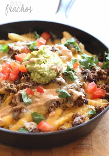 These fun Skillet "Frachos" are Nacho Fries...crispy French Fries topped with all your Nacho favorites!!