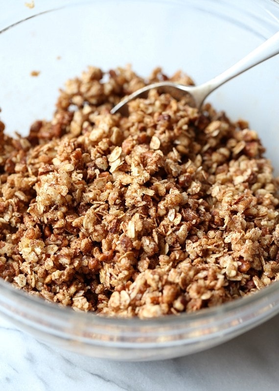 This Coffee Cake Granola combines the best part of the coffee cake, THE CRUMB TOPPING, with a honey sweetened, buttery, crunchy granola!