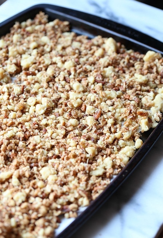 This Coffee Cake Granola combines the best part of the coffee cake, THE CRUMB TOPPING, with a honey sweetened, buttery, crunchy granola!