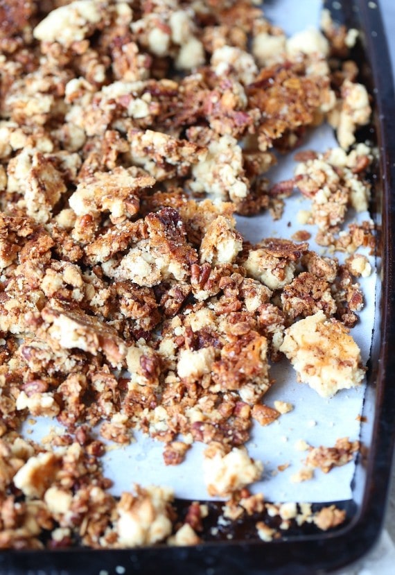 This Coffee Cake Granola combines the best part of the coffee cake, THE CRUMB TOPPING, with a honey sweetened, buttery, crunchy granola!