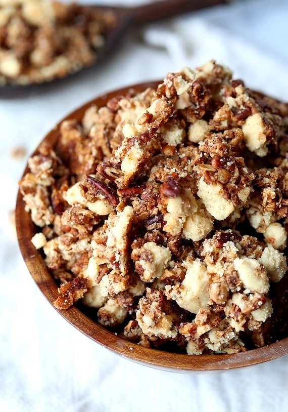 This Coffee Cake Granola combines the best part of the coffee cake, THE CRUMB TOPPING, with a honey sweetened, buttery, crunchy granola!