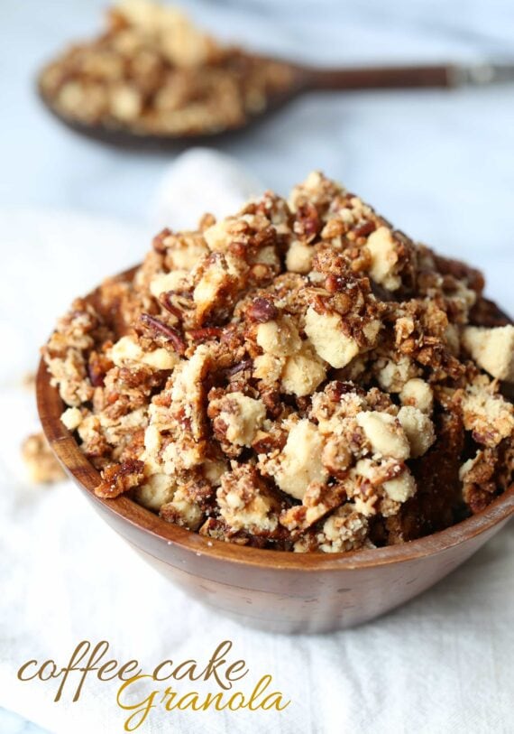 This Coffee Cake Granola combines the best part of the coffee cake, THE CRUMB TOPPING, with a honey sweetened, buttery, crunchy granola!