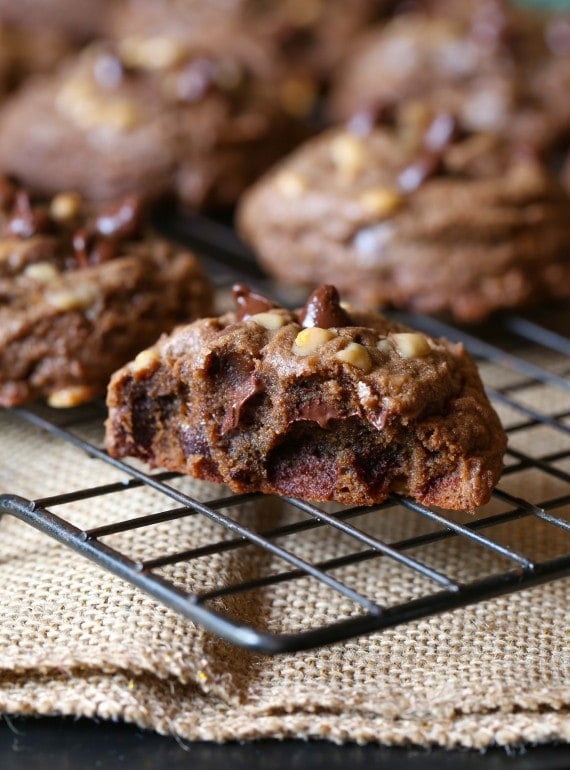 These Chocolate Toffee Cookies are thick, chocolaty and full of chocolate chips and toffee bits! The inside texture is like a brownie! So GOOD!