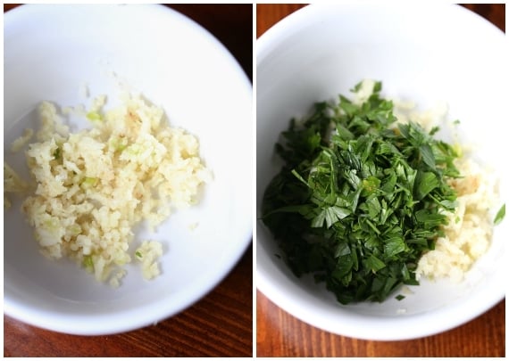 Bowls with minced garlic and parsley