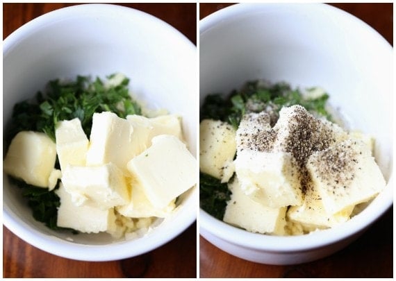 Adding butter, salt and pepper to a bowl of minced garlic and herbs.