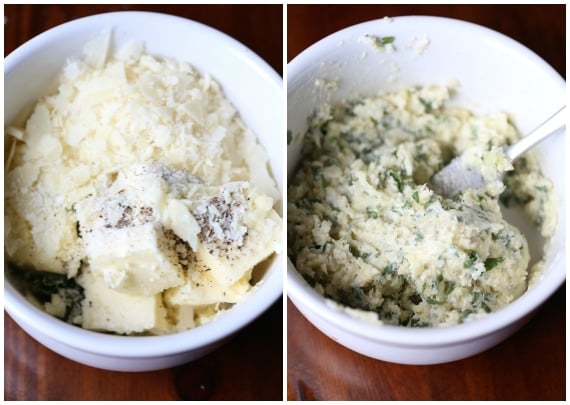 Adding and mixing parmesan cheese into garlic bread filling mix.