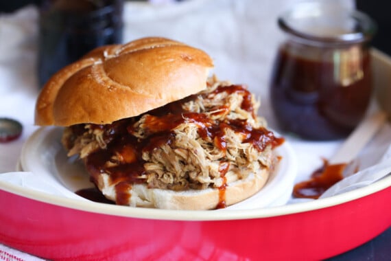 Pulled Pork Sandwich with extra root beer BBQ sauce on top