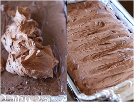 Spreading the chocolate frosting onto warm brownies is so good! The frostinf melts into the brownie making them SUPER fudgy!