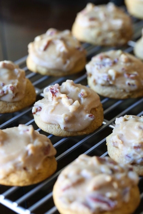 SOft Pumpkin Cookies topped with a rich, buttery Praline Frosting...the perfect combo!