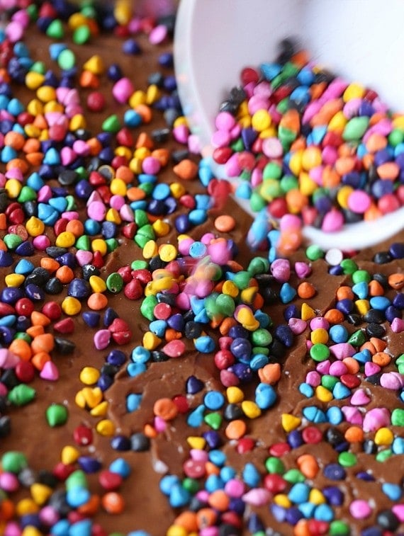 Rainbow Chip Brownies. So easy, sweet and chewy with a chocolaty frosting spread on when the brownies are still warm! All topped with adorable, colorful rainbow chips! You could use M&Ms or sprinkles too!