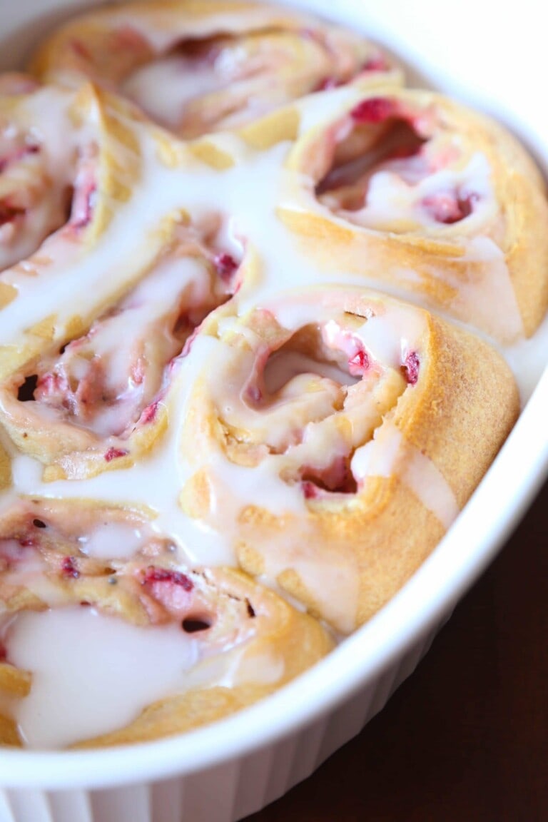 Strawberry Sweet Cream Rolls in a white baking dish.