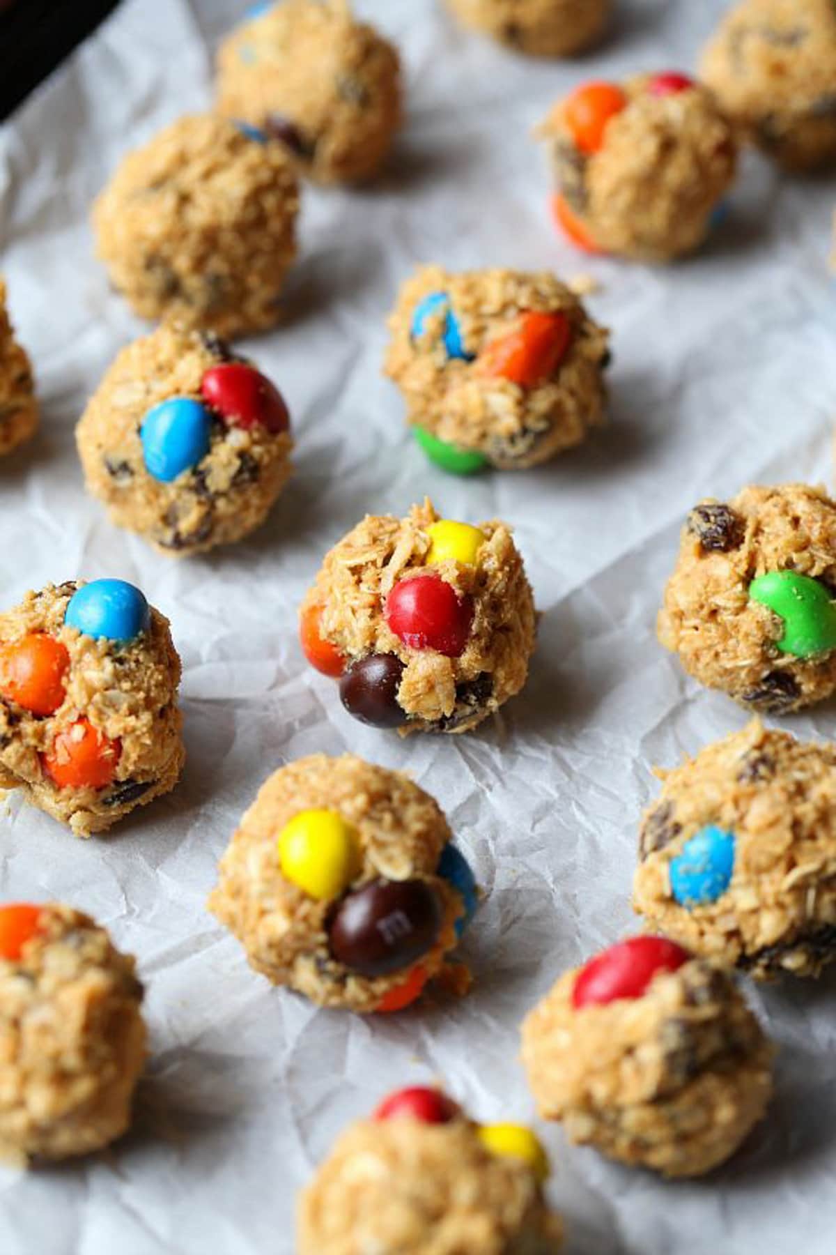 M&M protein truffles on a pan