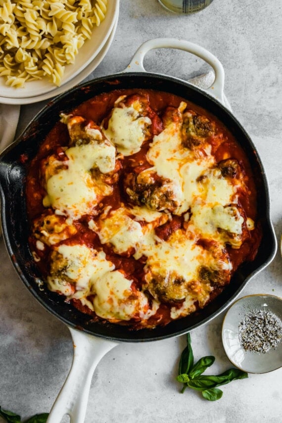 Skillet of chicken parmesan.