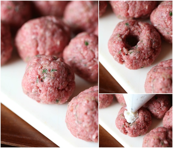 Photo collage showing the process of shaping and filling ricotta stuffed meatballs.