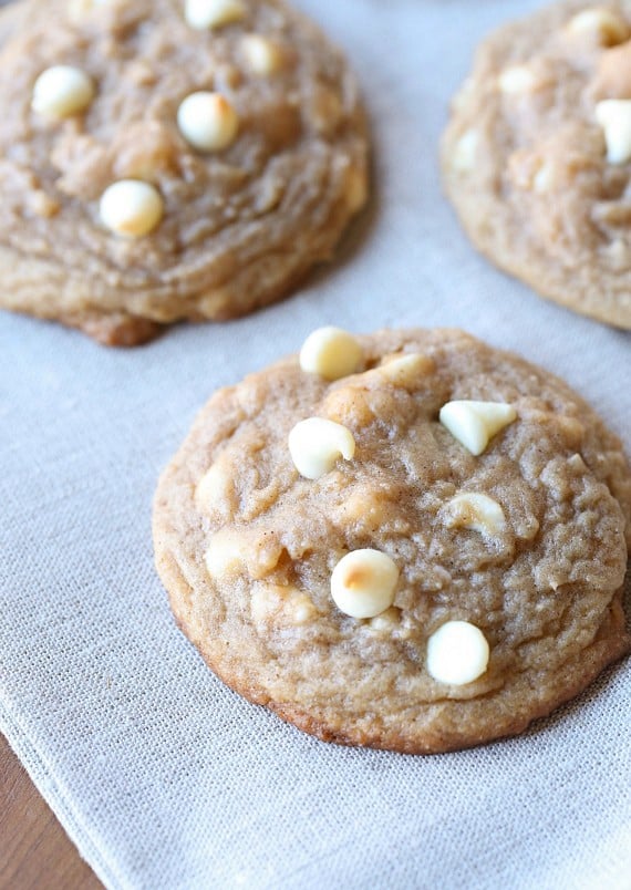 Soft Brown Sugar Cinnamon Cookies with white chocolate chips are so over the top delicious!