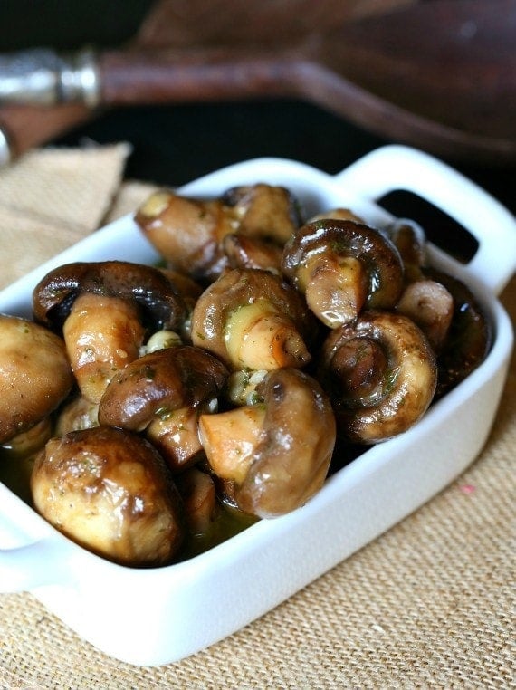 Slow Cooker garlic ranch mushrooms in a casserole dish