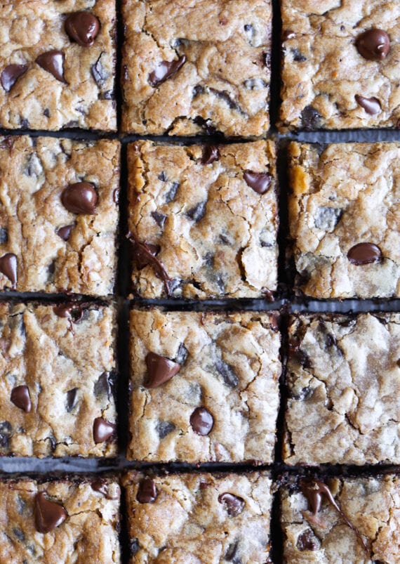 Chocolate chip cookie bars cut into squares from above