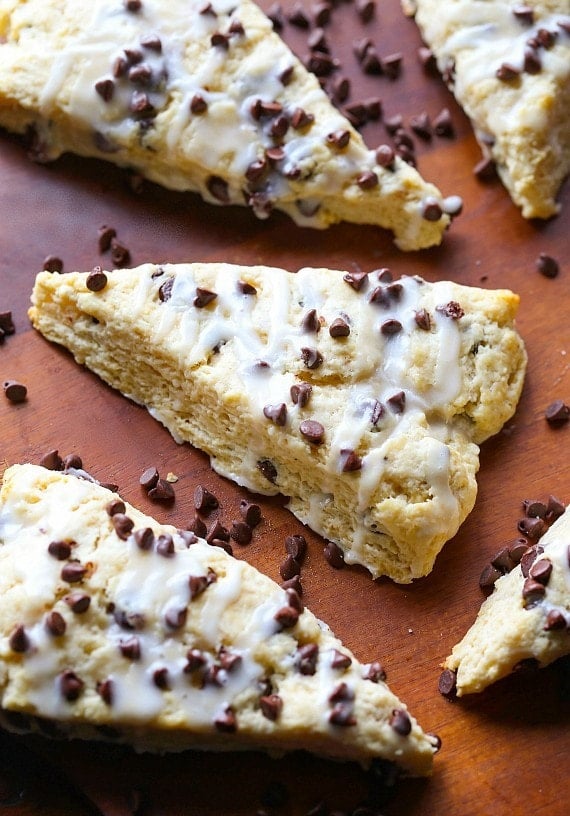 Overhead view of scones with mini chocolate chips