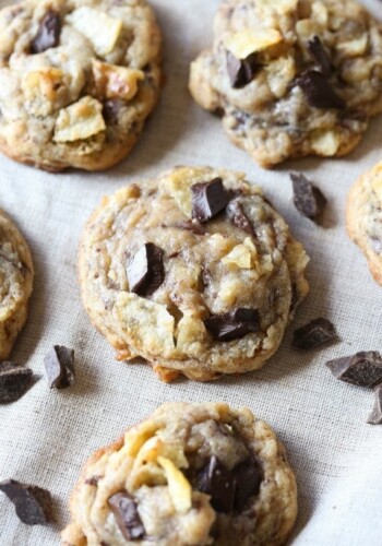 Overhead view of chocolate chip kettle chip cookies on parchment