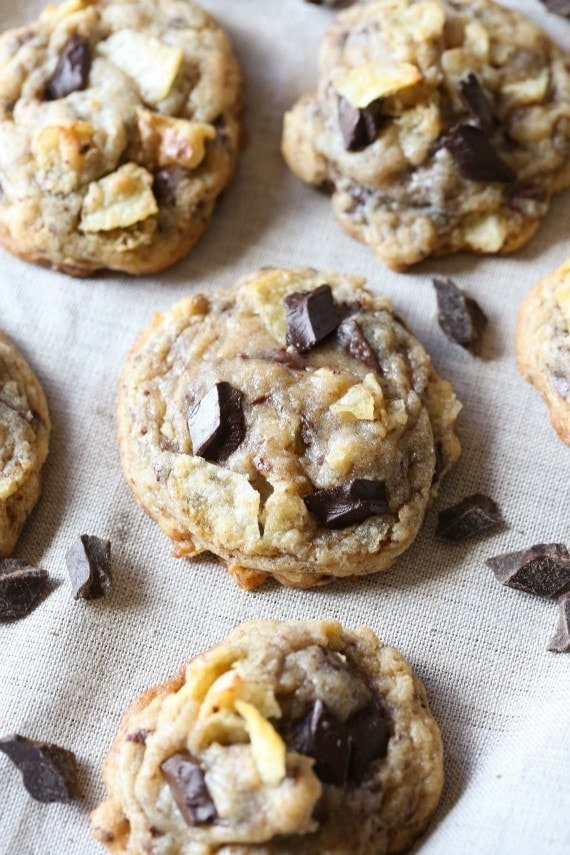 Overhead view of chocolate chip kettle chip cookies on parchment