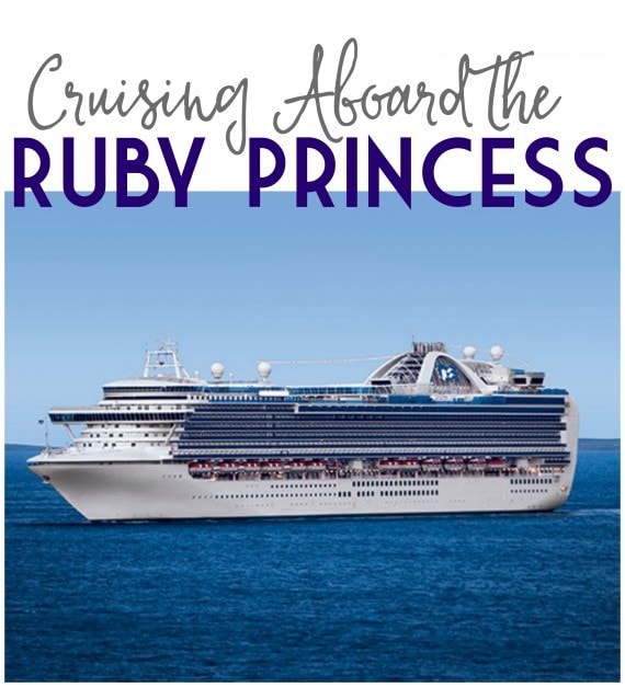 The Ruby Princess cruise ship sailing over the open ocean with text hovering above it