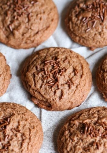Soft chocolate cookies on a white towel.