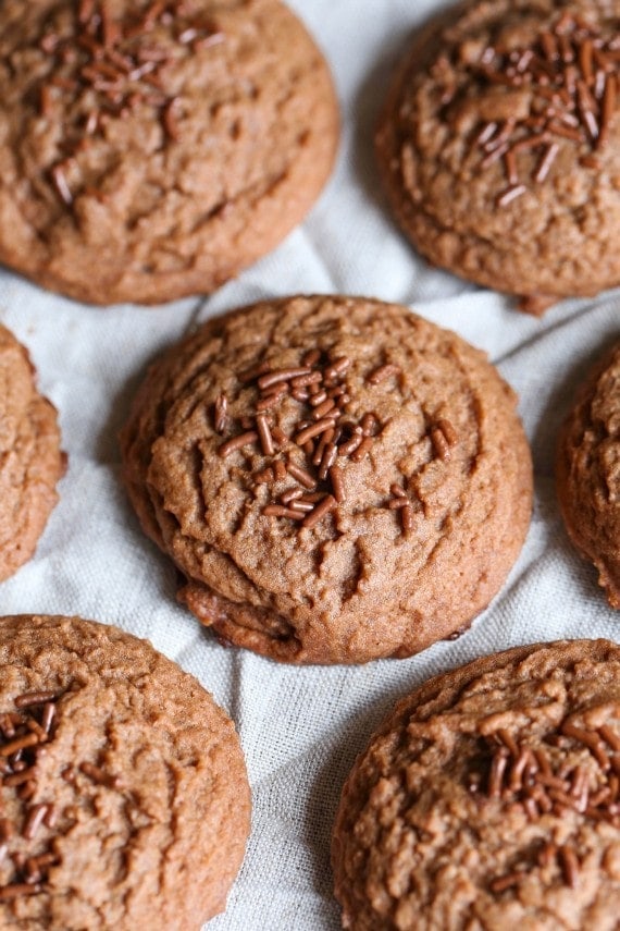 Overhead view of soft chocolate sugar cookies on parchment