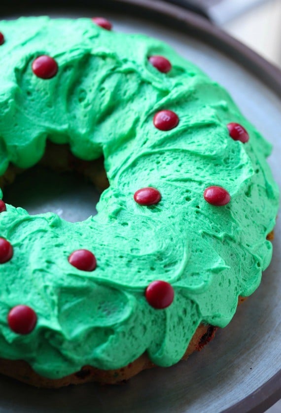 Top your green frosted Bundt Cake with Red M&M'S for a festive wreath.