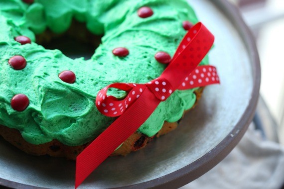 Simple Wreath Bundt Cake decorated with Red M&M'S