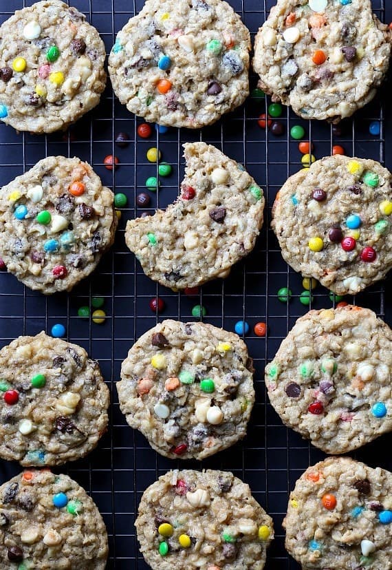 Overhead view of Cowgirl Cookies with a bite out of one