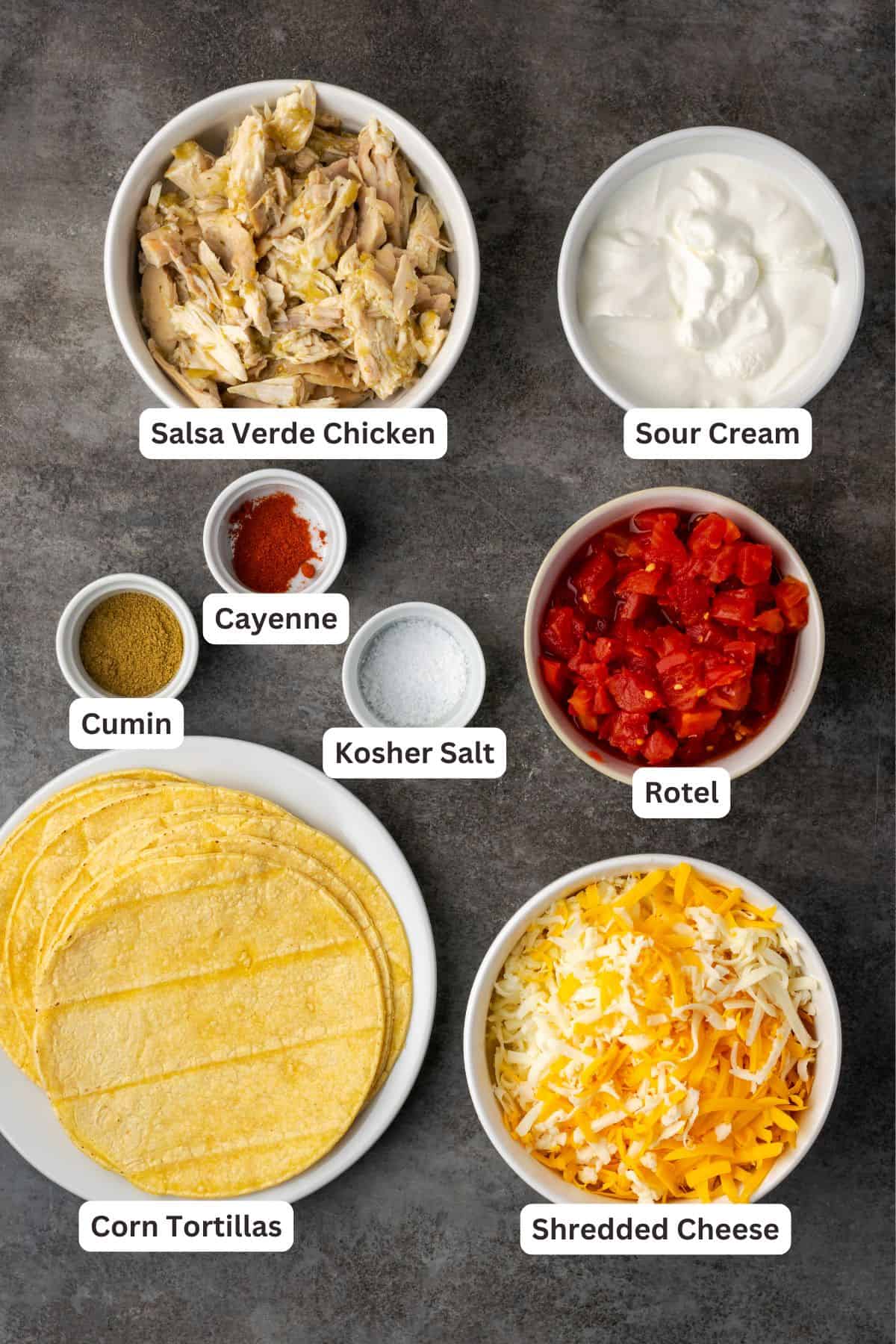 Ingredients for salsa verde chicken casserole with text labels overlaying each ingredient.