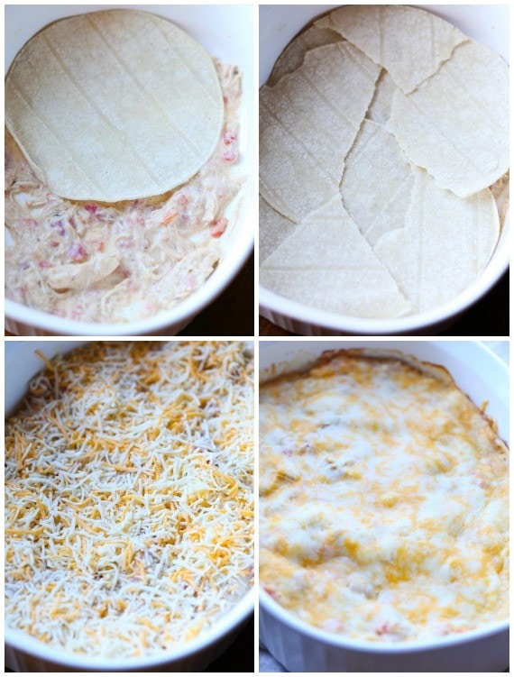 Photo collage showing the various steps to assemble salsa verde chicken casserole.