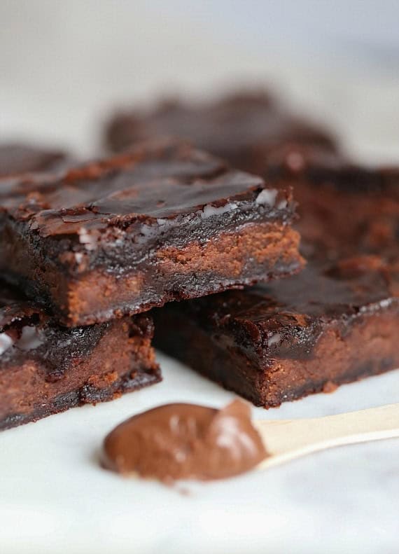 Nutella brownies stacked on top of each other.